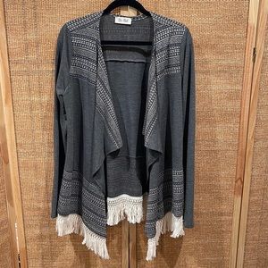 Gray cardigan with fringe trim- size medium